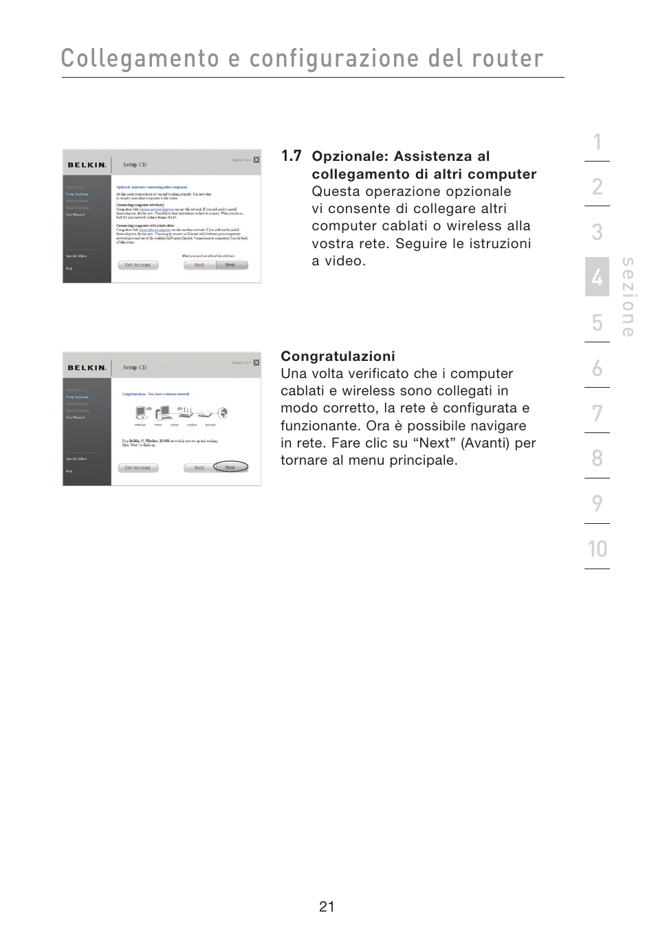 Collegamento e configurazione del router | Belkin F5D8233EA4 User Manual | Page 539 / 619