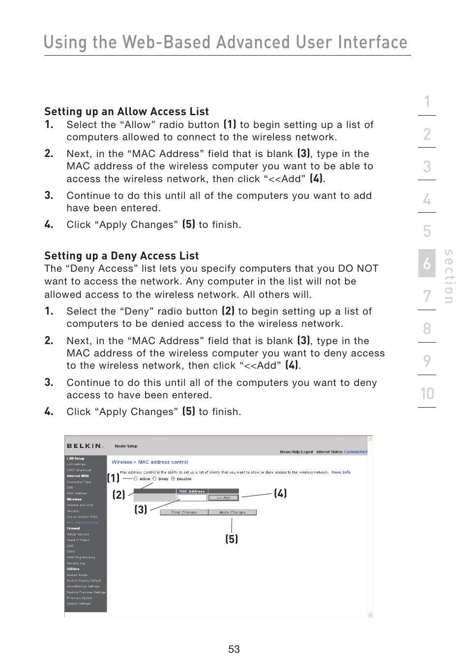 Using the web-based advanced user interface, Se ct io n | Belkin F5D8233EA4 User Manual | Page 55 / 619