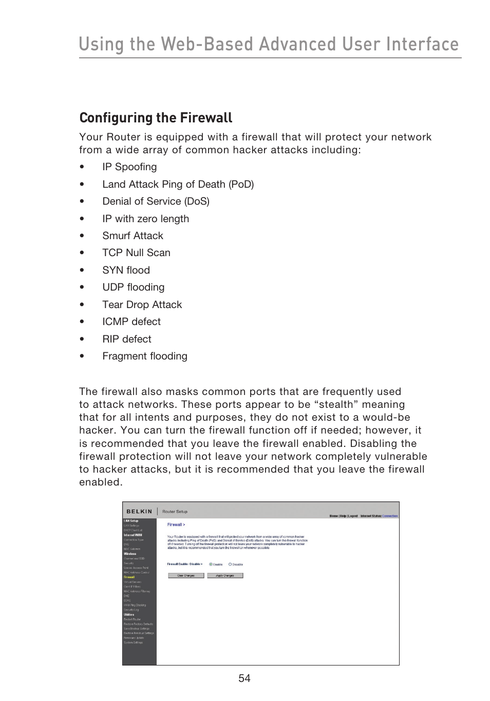 Using the web-based advanced user interface, Configuring the firewall | Belkin F5D8233EA4 User Manual | Page 56 / 619