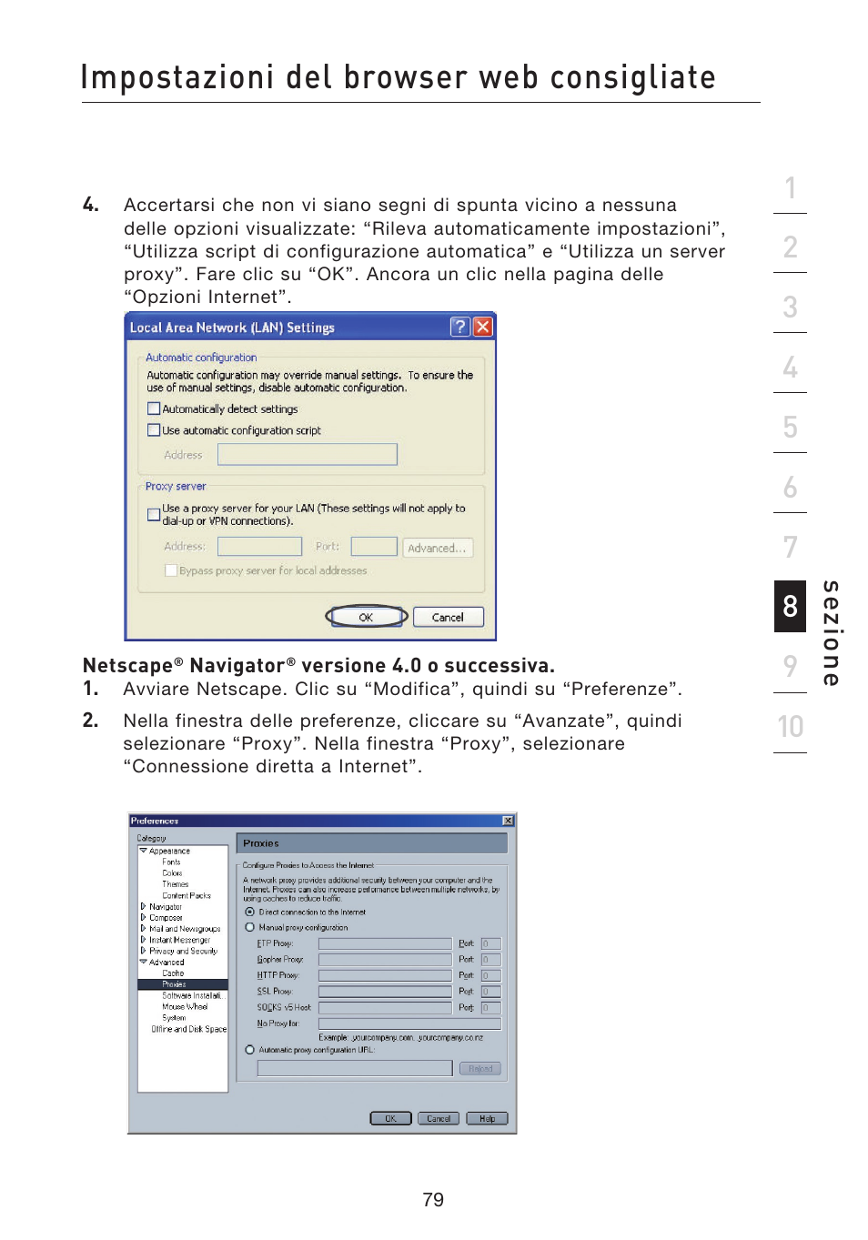 Impostazioni del browser web consigliate, Se zio n e | Belkin F5D8233EA4 User Manual | Page 597 / 619