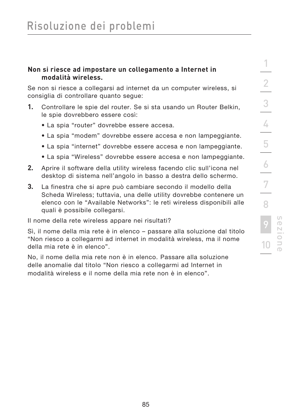 Risoluzione dei problemi, Se zio n e | Belkin F5D8233EA4 User Manual | Page 603 / 619