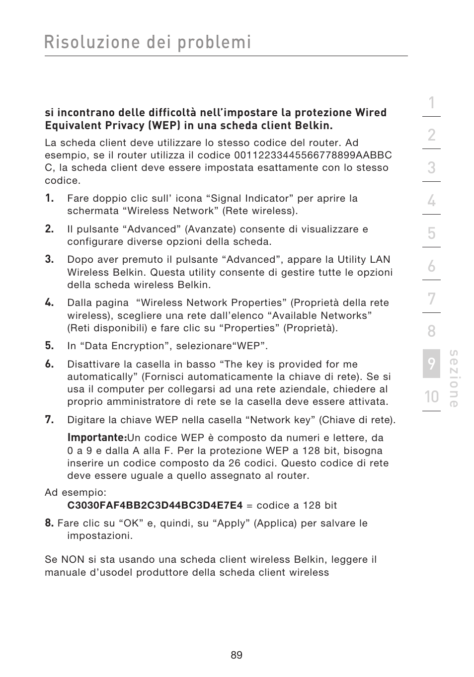 Risoluzione dei problemi, Se zio n e | Belkin F5D8233EA4 User Manual | Page 607 / 619