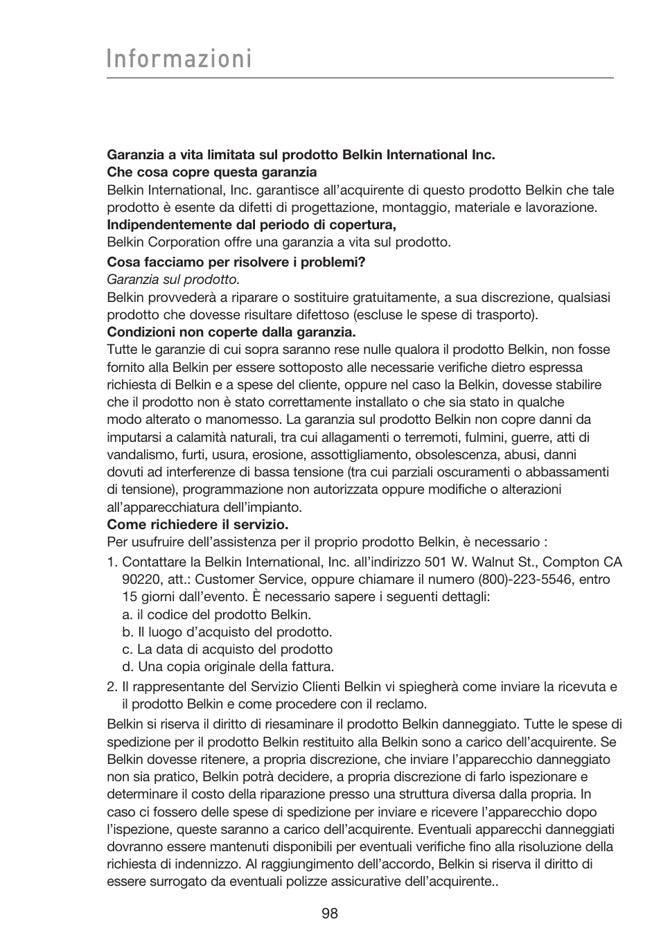 Informazioni | Belkin F5D8233EA4 User Manual | Page 616 / 619