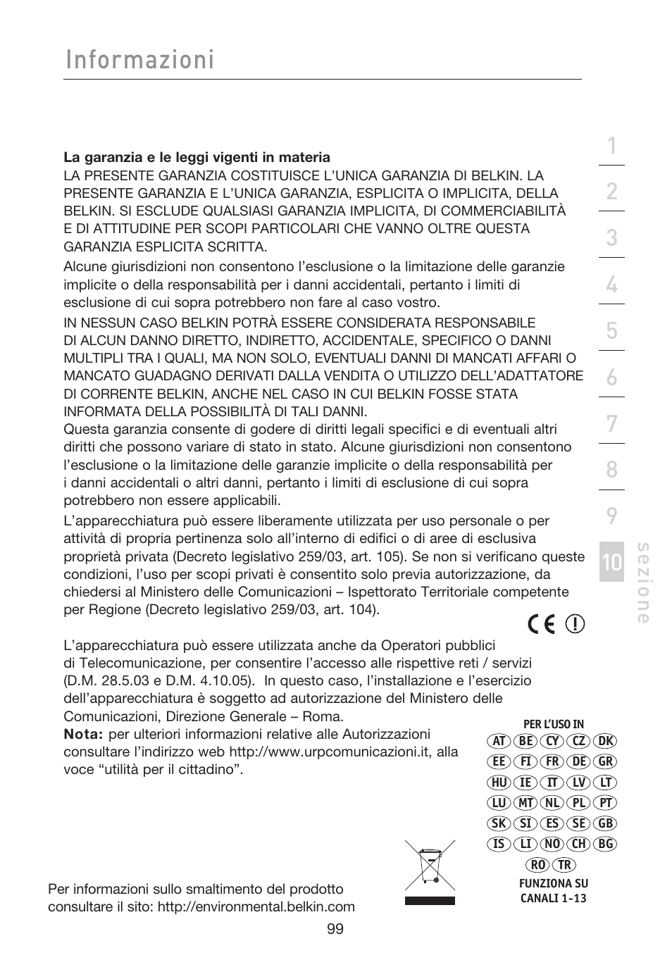 Informazioni, Se zio n e | Belkin F5D8233EA4 User Manual | Page 617 / 619