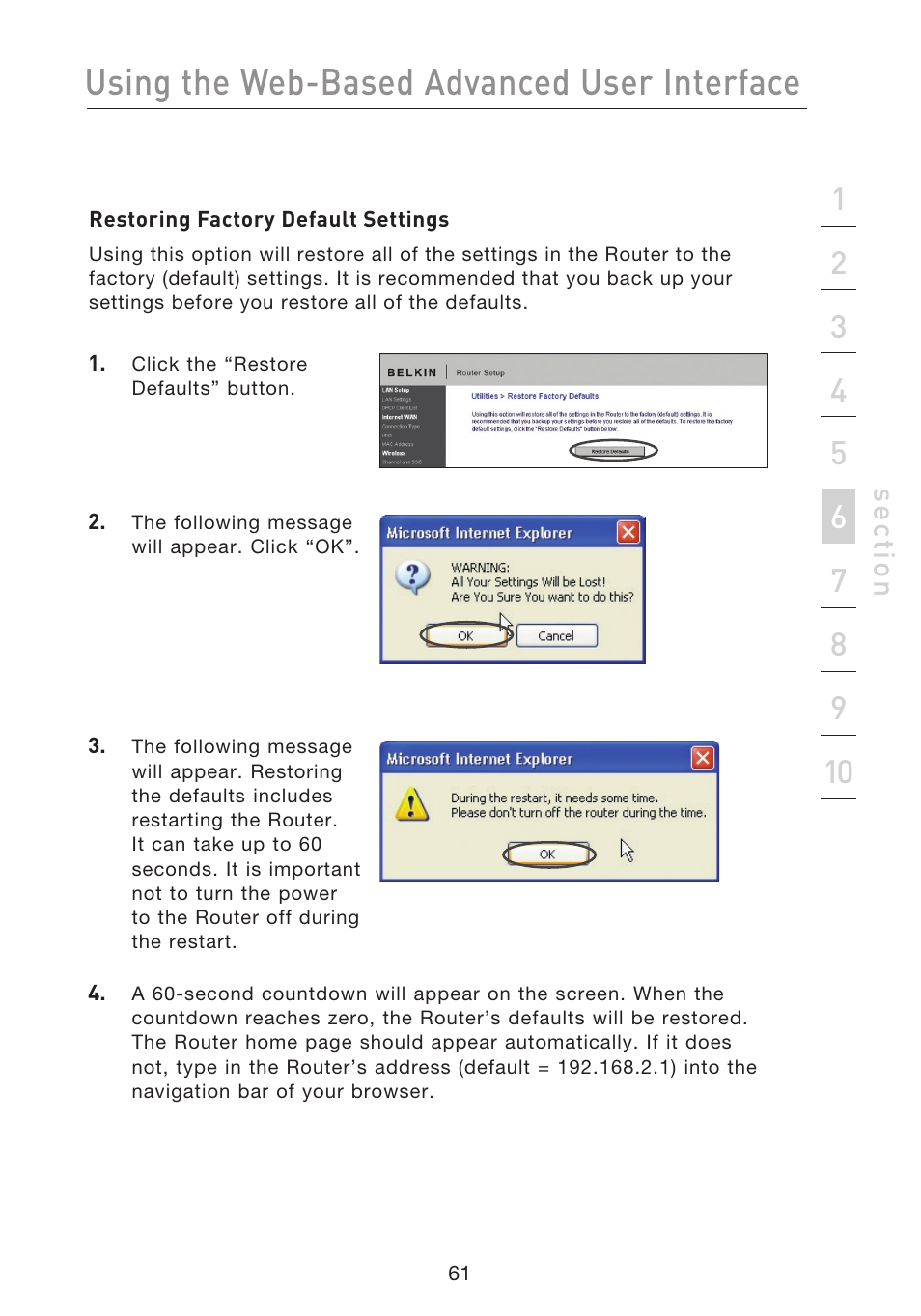 Using the web-based advanced user interface, Se ct io n | Belkin F5D8233EA4 User Manual | Page 63 / 619