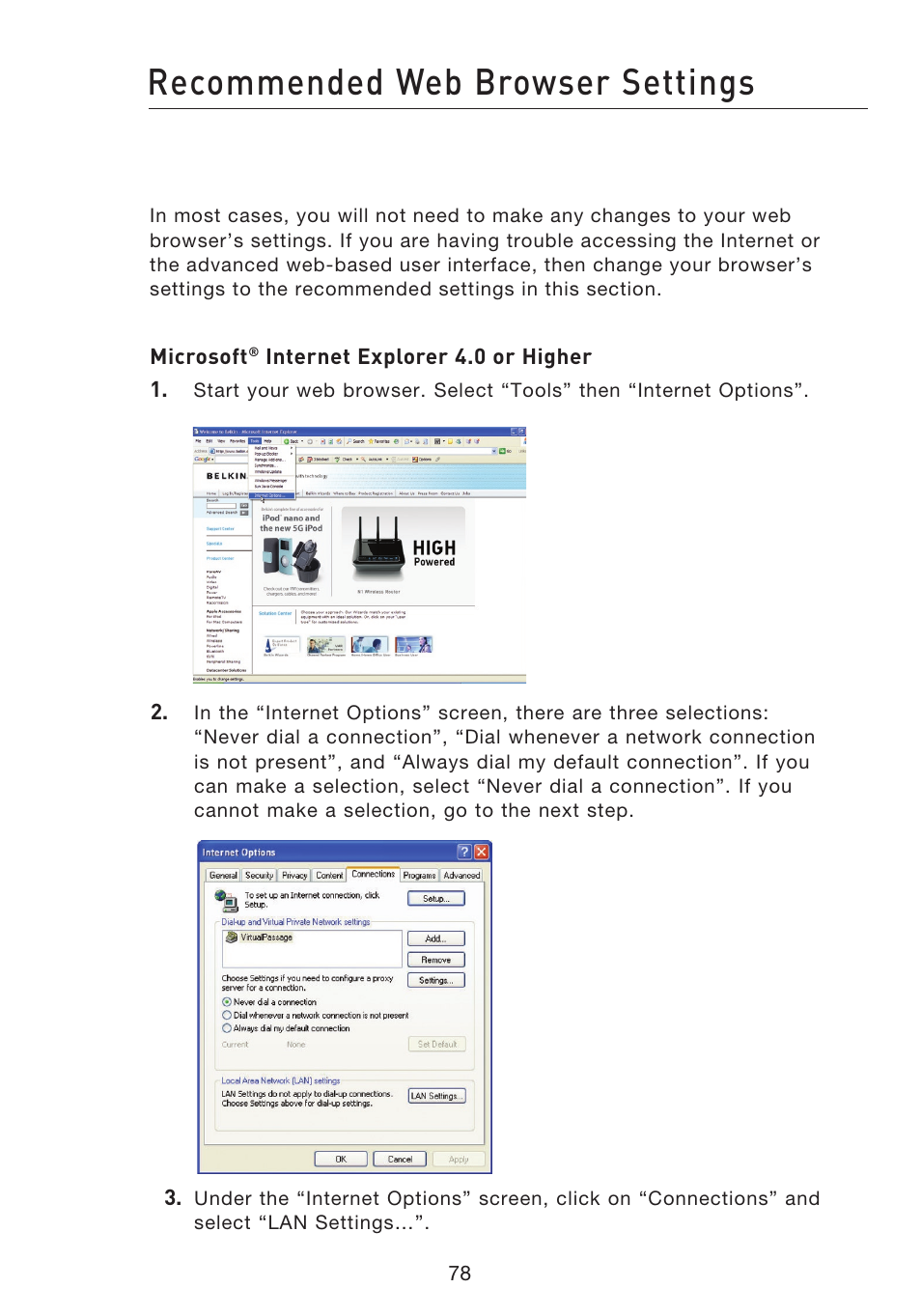 Recommended web browser settings | Belkin F5D8233EA4 User Manual | Page 80 / 619