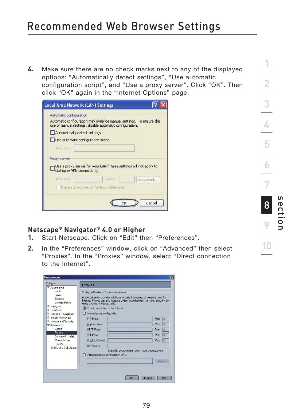 Recommended web browser settings, Se ct io n | Belkin F5D8233EA4 User Manual | Page 81 / 619