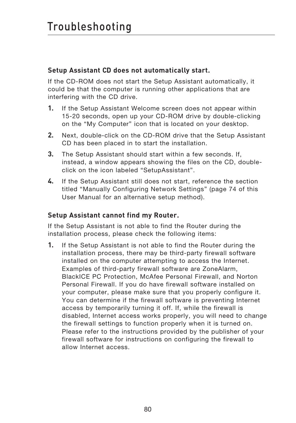 Troubleshooting | Belkin F5D8233EA4 User Manual | Page 82 / 619