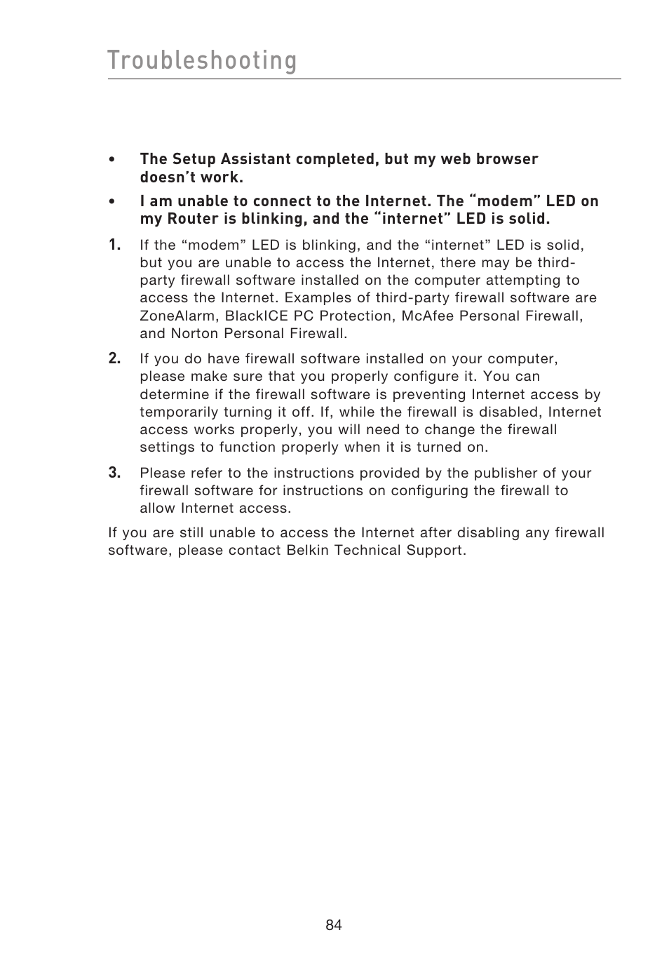 Troubleshooting | Belkin F5D8233EA4 User Manual | Page 86 / 619