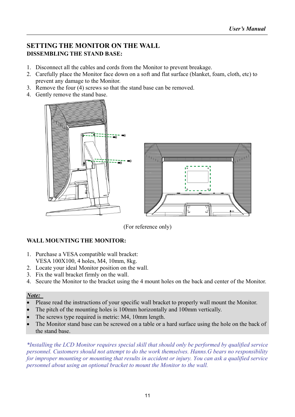 Setting the monitor on the wall | Hanns.G HP222 User Manual | Page 11 / 25