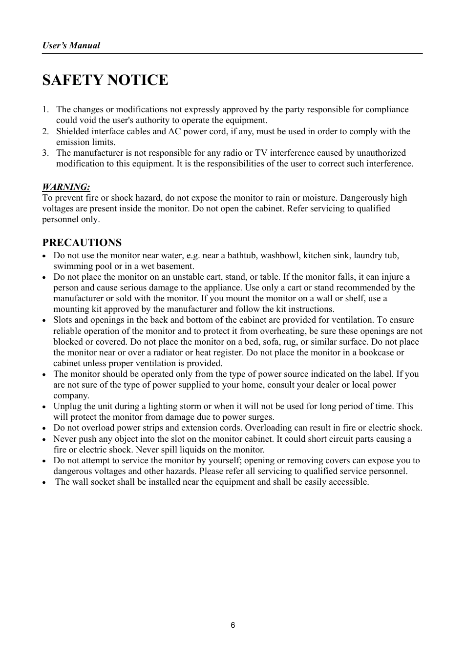 Safety notice, Precautions | Hanns.G HP222 User Manual | Page 6 / 25
