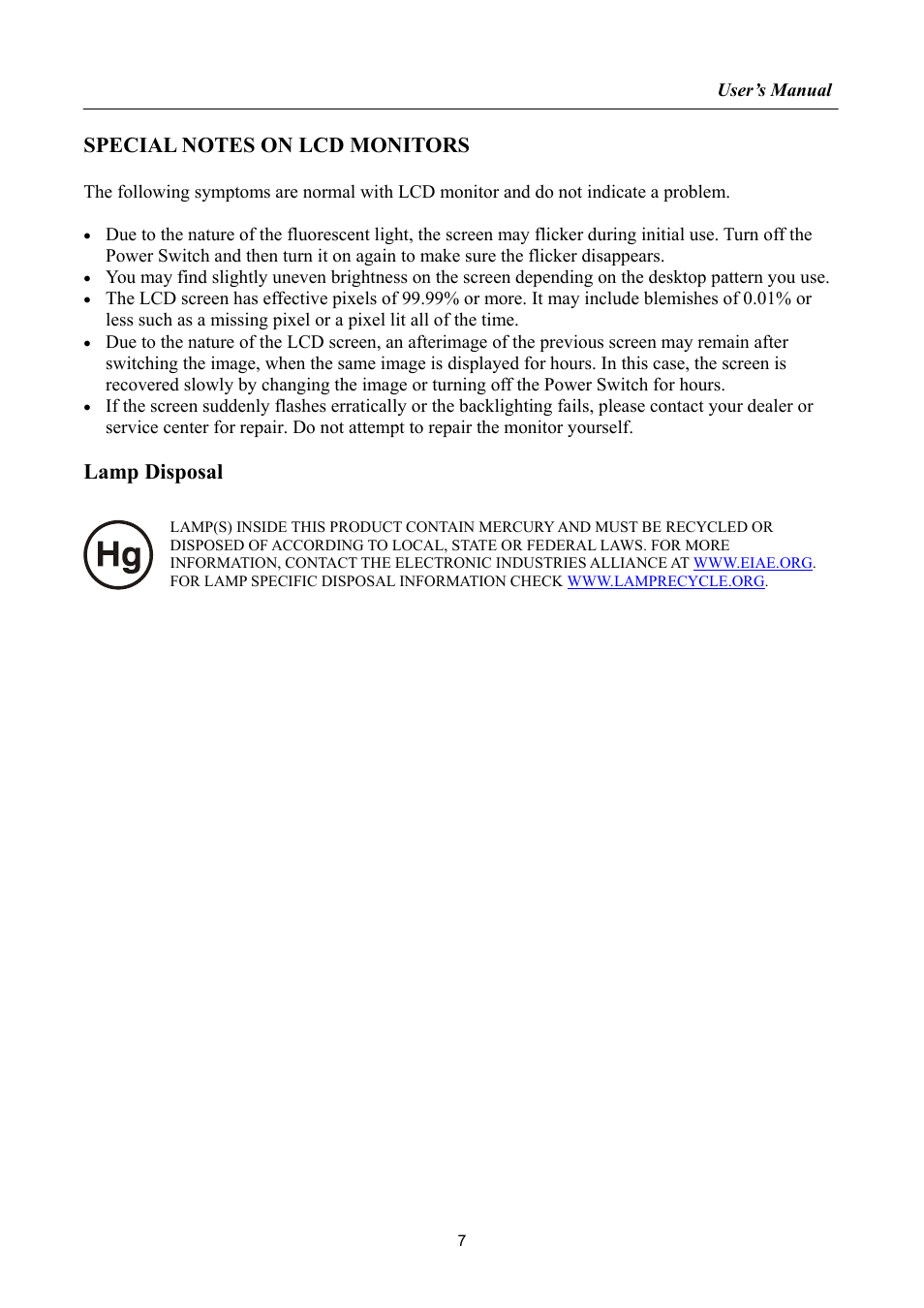 Special notes on lcd monitors, Lamp disposal | Hanns.G HP222 User Manual | Page 7 / 25