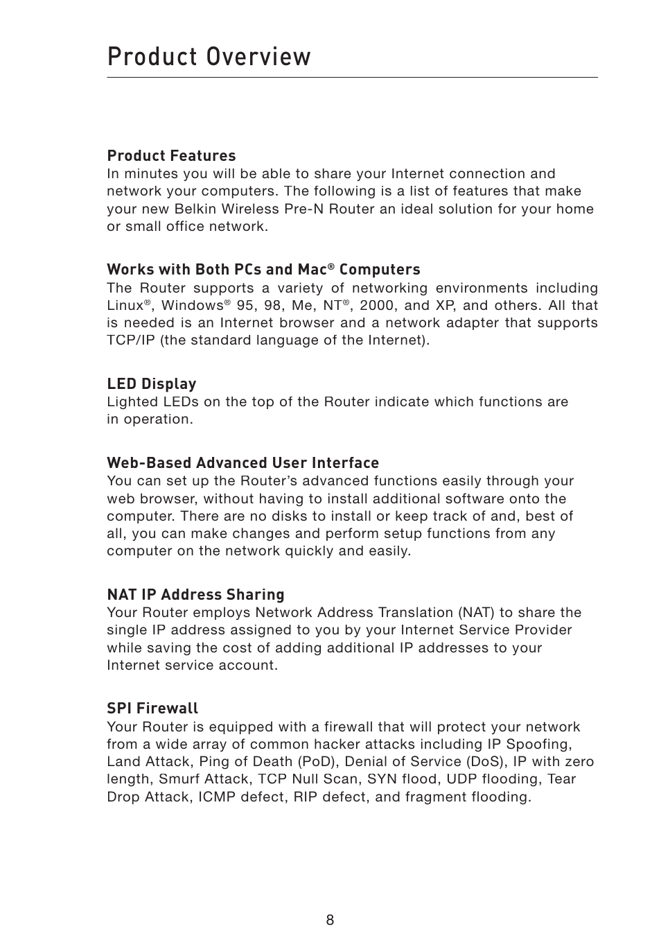 Product overview | Belkin Wireless Pre-N Router F5D8230-4 User Manual | Page 10 / 119