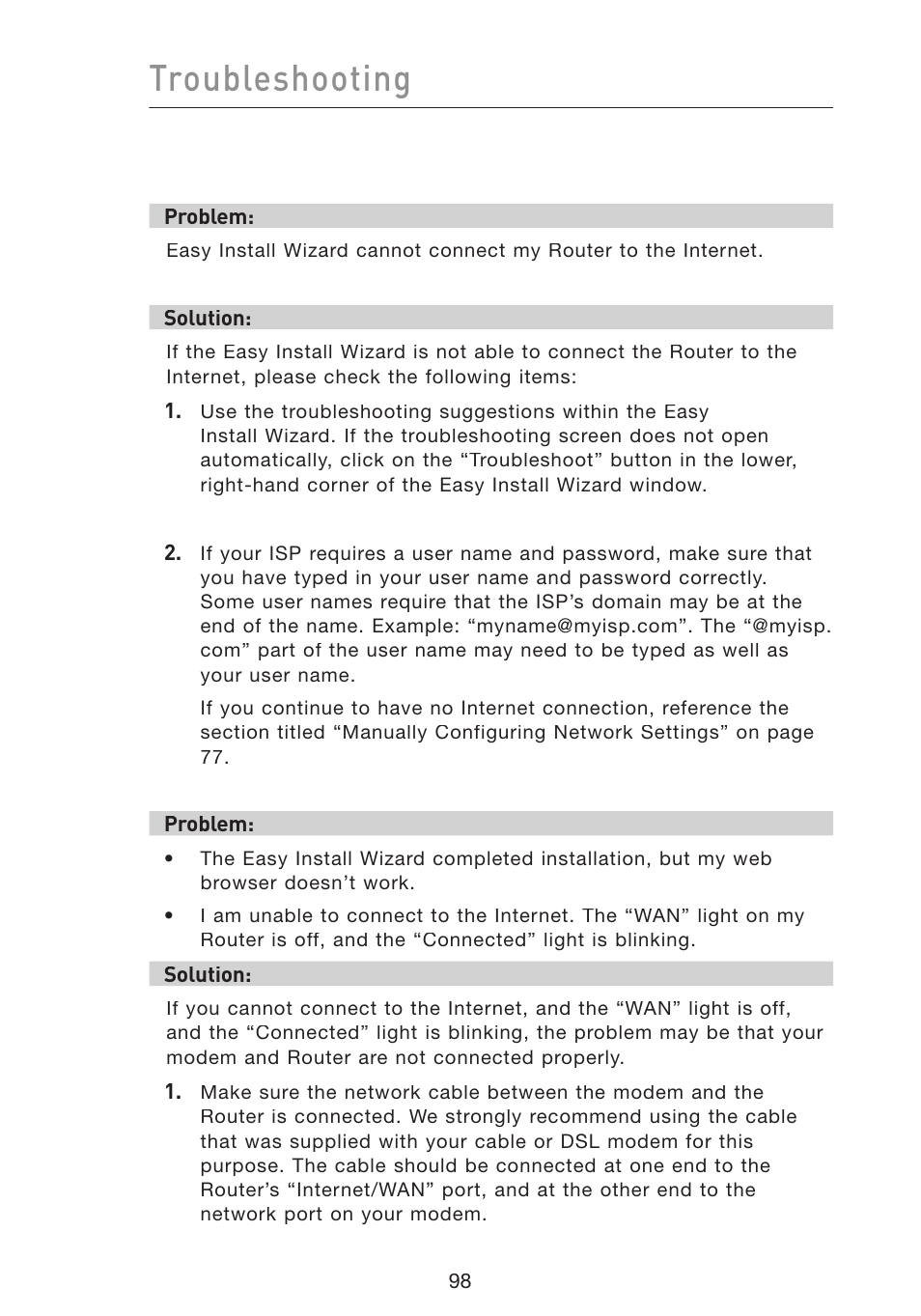 Troubleshooting | Belkin Wireless Pre-N Router F5D8230-4 User Manual | Page 100 / 119