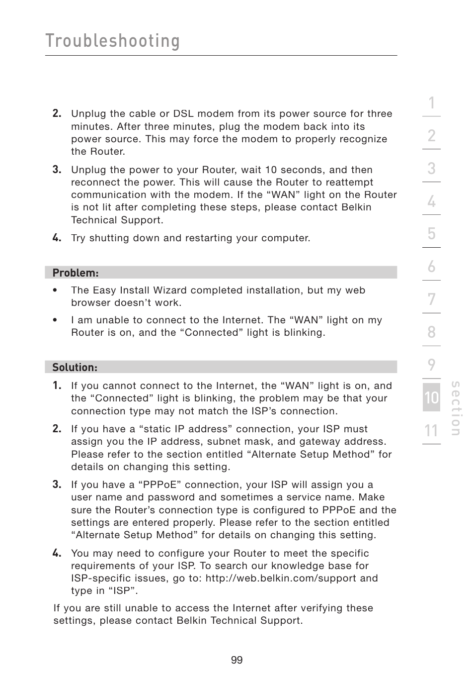 Troubleshooting, Se ct io n | Belkin Wireless Pre-N Router F5D8230-4 User Manual | Page 101 / 119