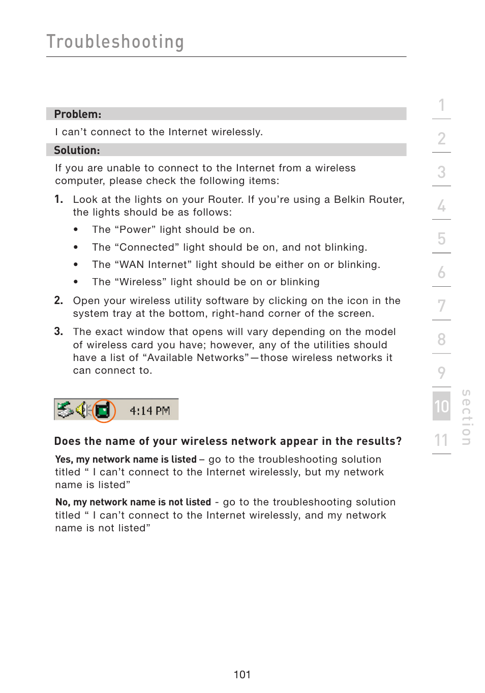 Troubleshooting, Se ct io n | Belkin Wireless Pre-N Router F5D8230-4 User Manual | Page 103 / 119
