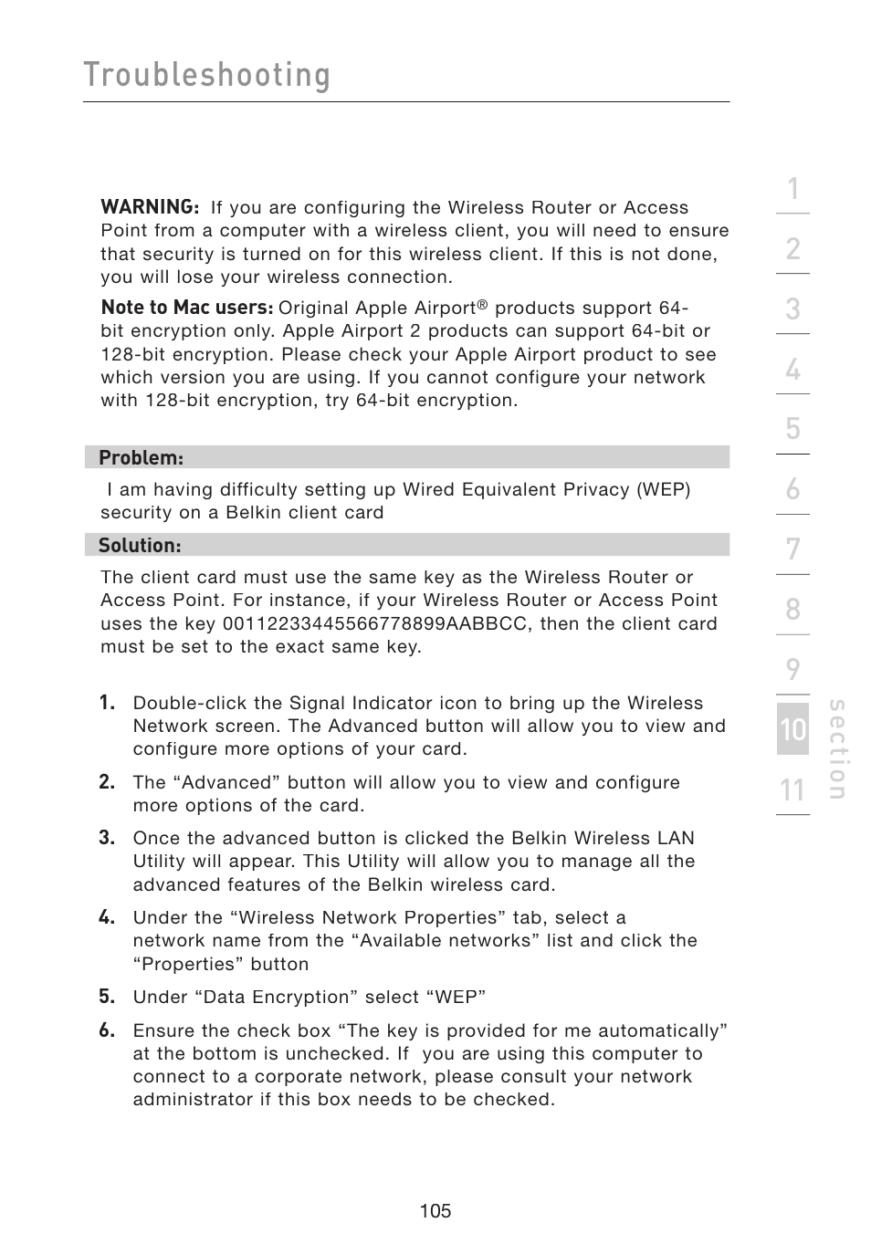Troubleshooting, Se ct io n | Belkin Wireless Pre-N Router F5D8230-4 User Manual | Page 107 / 119