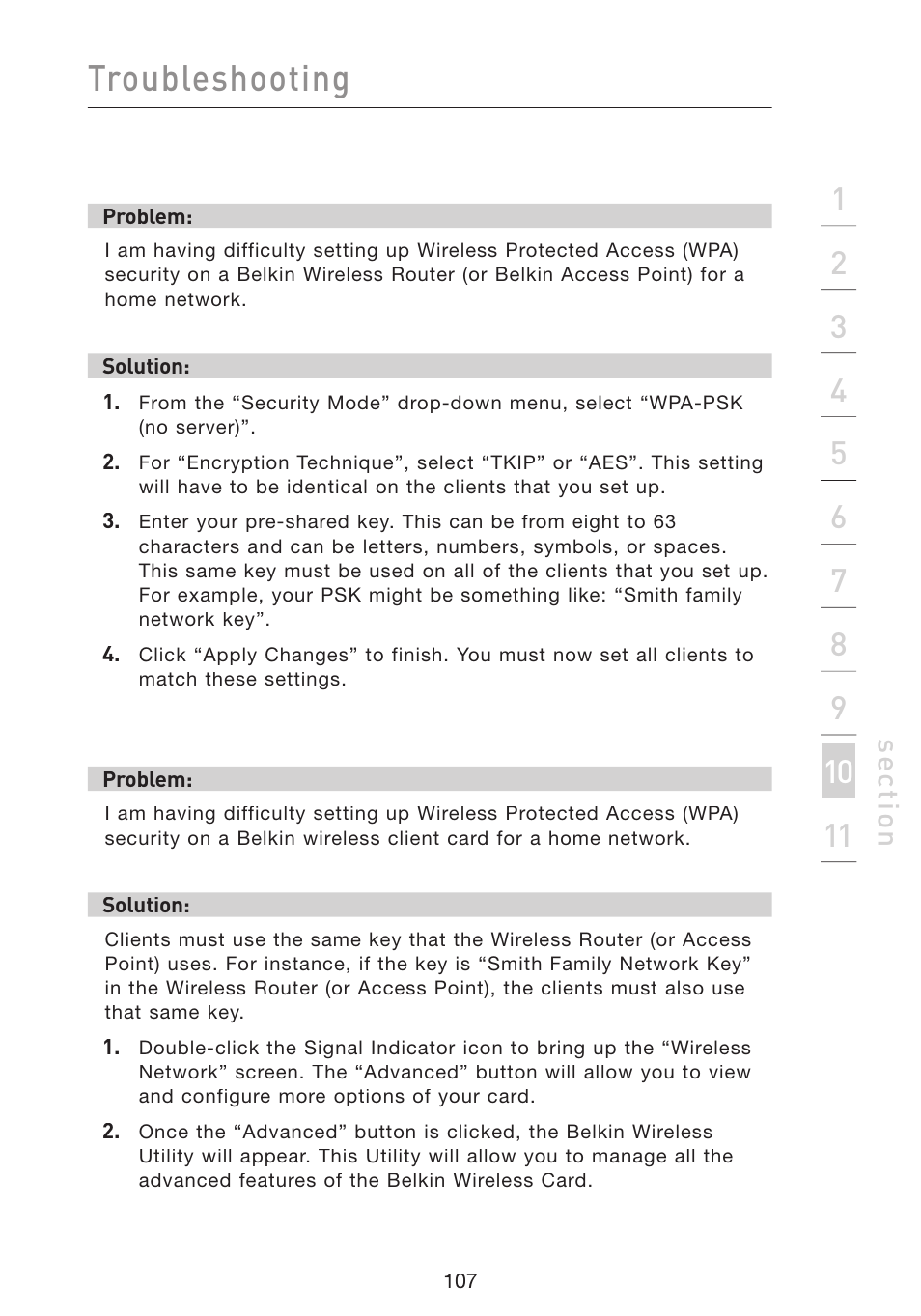Troubleshooting, Se ct io n | Belkin Wireless Pre-N Router F5D8230-4 User Manual | Page 109 / 119