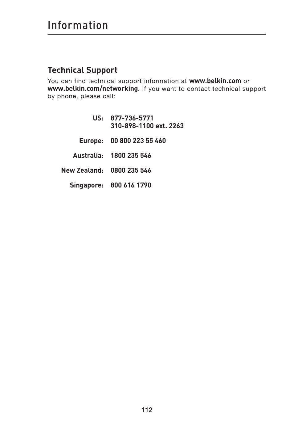 Information, Technical support | Belkin Wireless Pre-N Router F5D8230-4 User Manual | Page 114 / 119