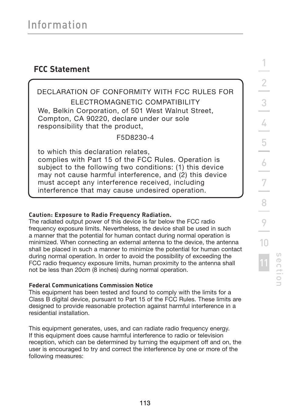 Information, Se ct io n | Belkin Wireless Pre-N Router F5D8230-4 User Manual | Page 115 / 119
