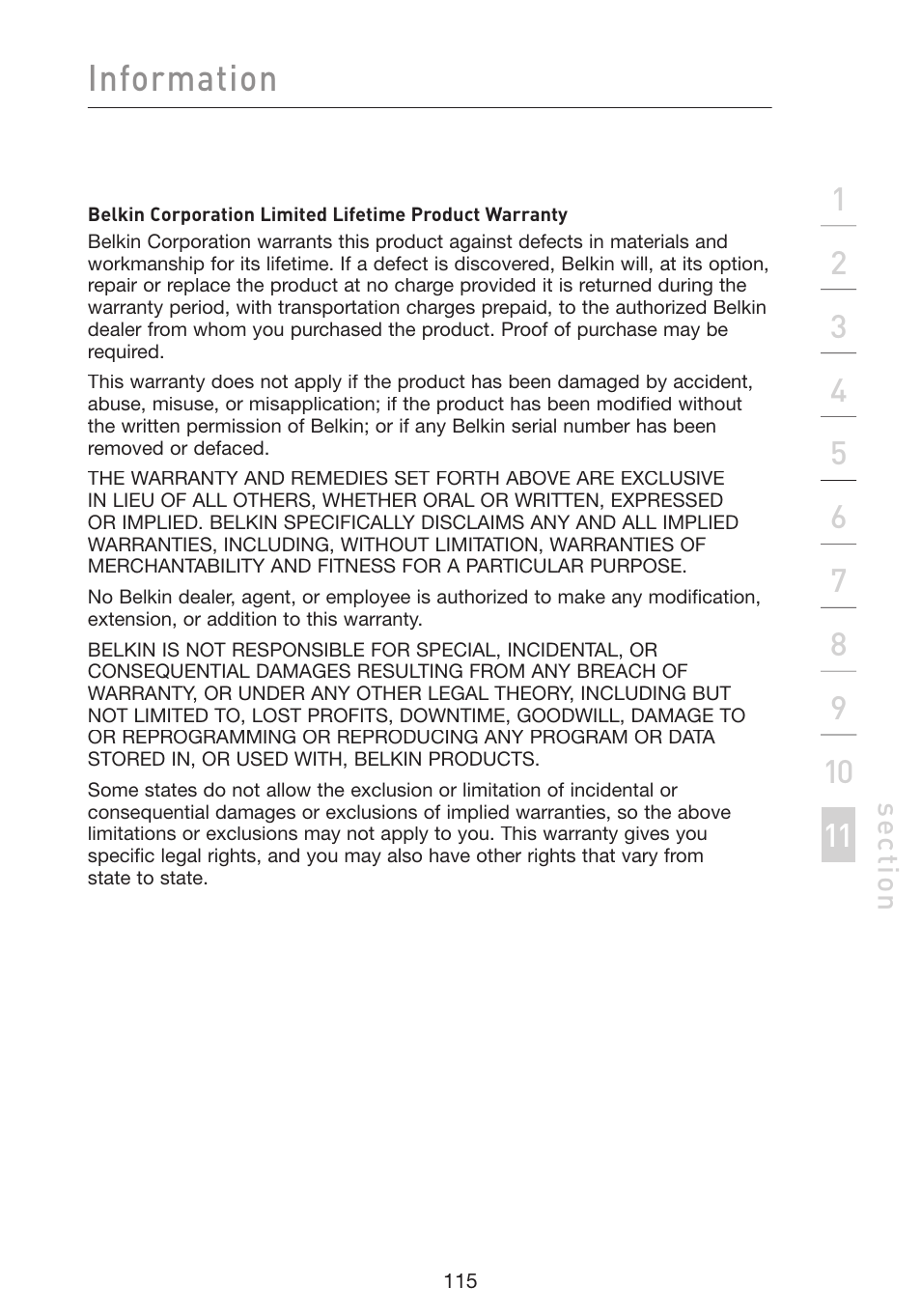 Information, Se ct io n | Belkin Wireless Pre-N Router F5D8230-4 User Manual | Page 117 / 119