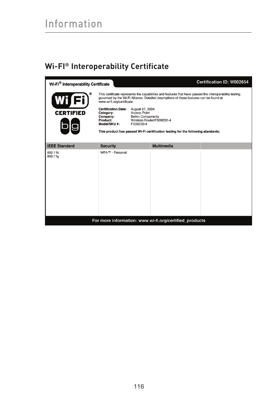 Information | Belkin Wireless Pre-N Router F5D8230-4 User Manual | Page 118 / 119