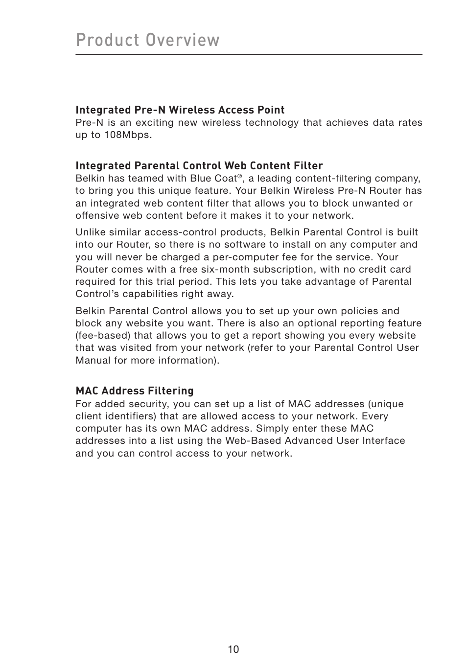 Product overview | Belkin Wireless Pre-N Router F5D8230-4 User Manual | Page 12 / 119