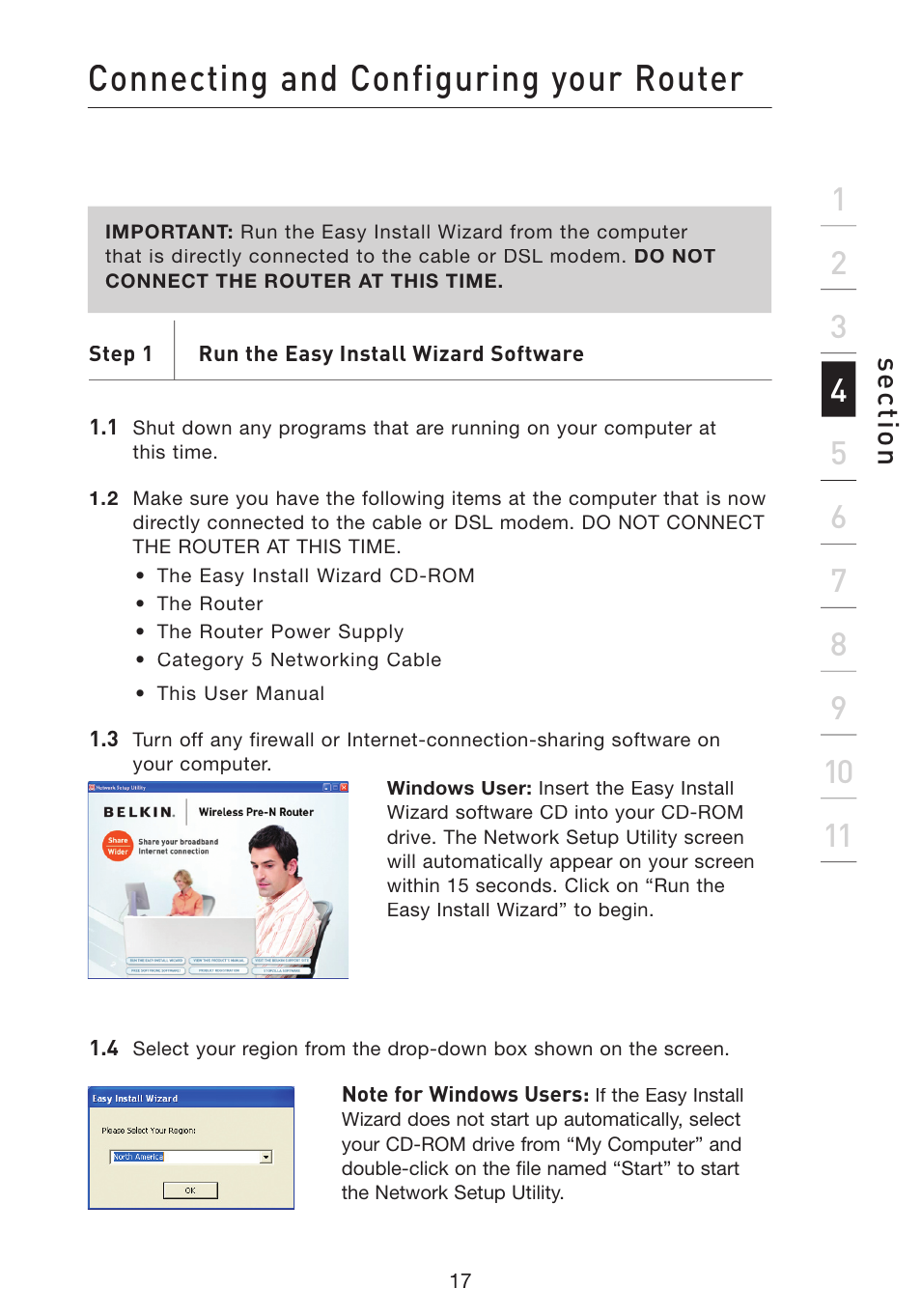 Connecting and configuring your router, Se ct io n | Belkin Wireless Pre-N Router F5D8230-4 User Manual | Page 19 / 119