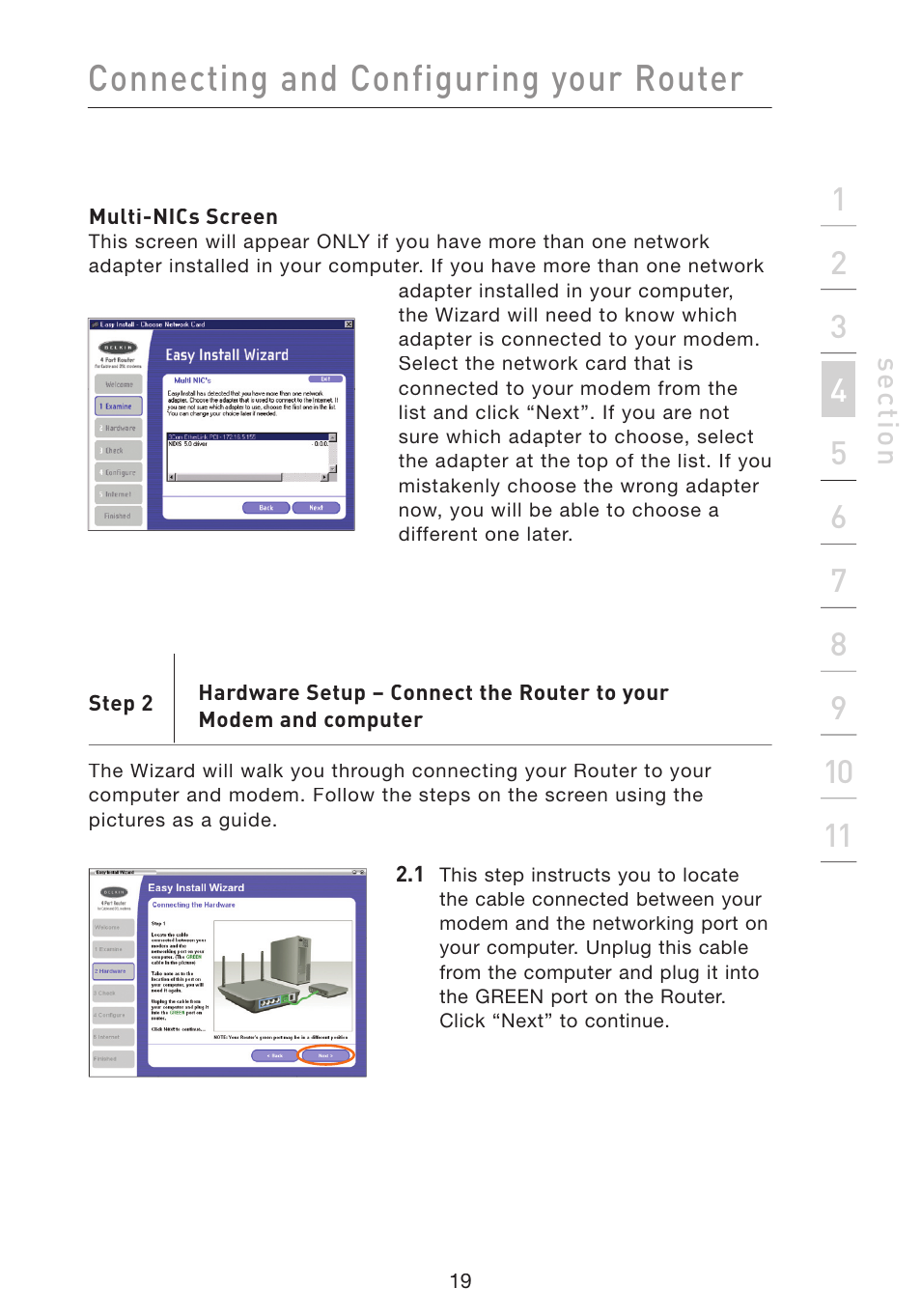 Connecting and configuring your router | Belkin Wireless Pre-N Router F5D8230-4 User Manual | Page 21 / 119