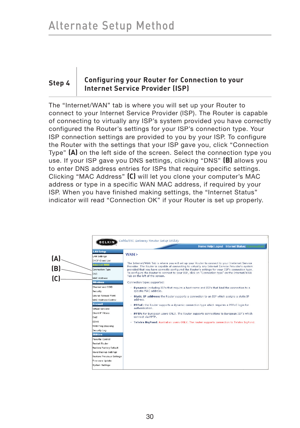 Alternate setup method | Belkin Wireless Pre-N Router F5D8230-4 User Manual | Page 32 / 119