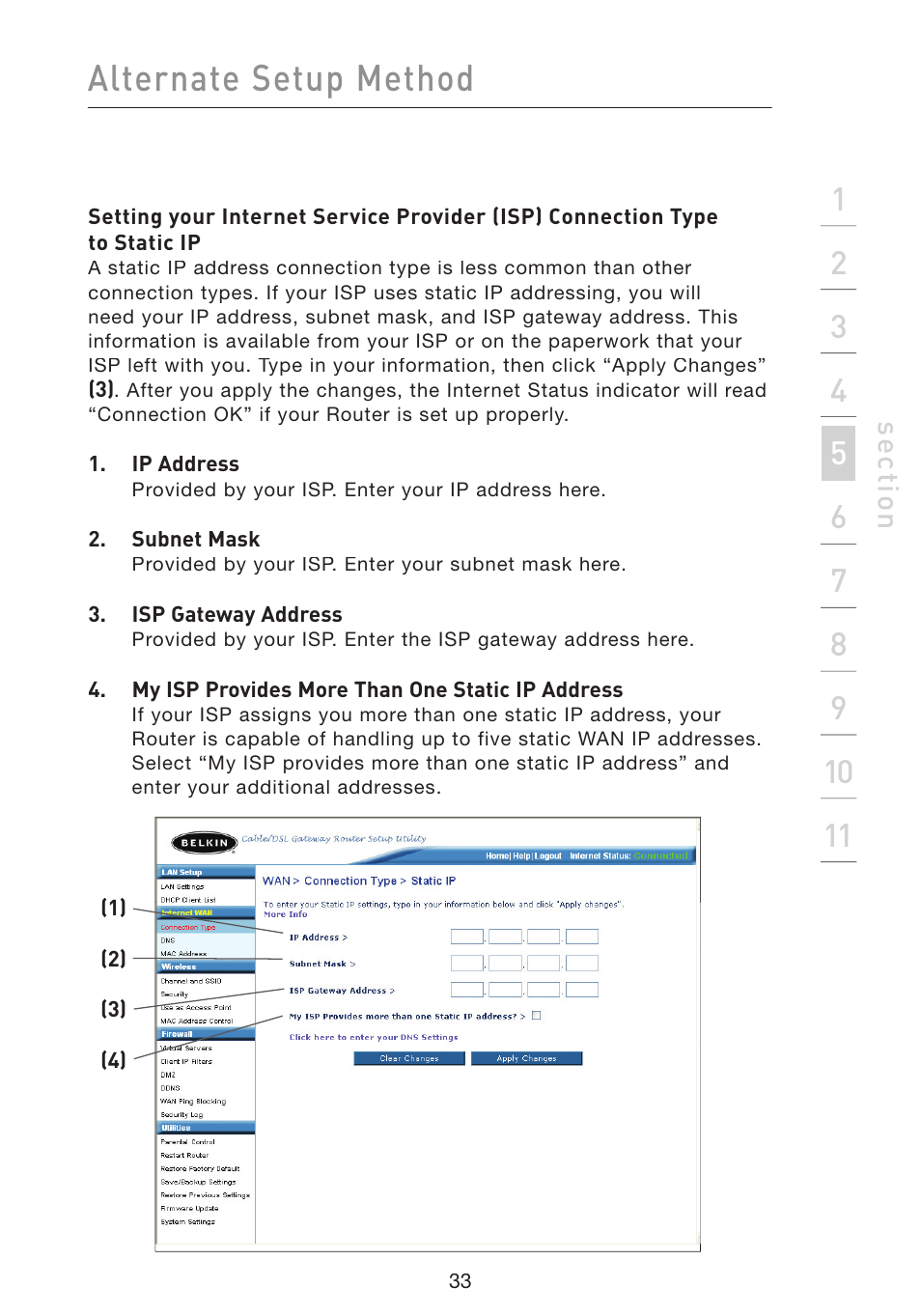 Alternate setup method, Se ct io n | Belkin Wireless Pre-N Router F5D8230-4 User Manual | Page 35 / 119