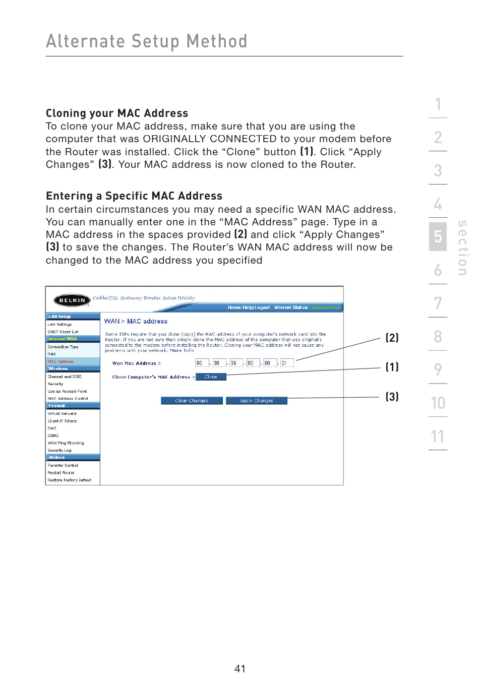 Alternate setup method, Se ct io n | Belkin Wireless Pre-N Router F5D8230-4 User Manual | Page 43 / 119