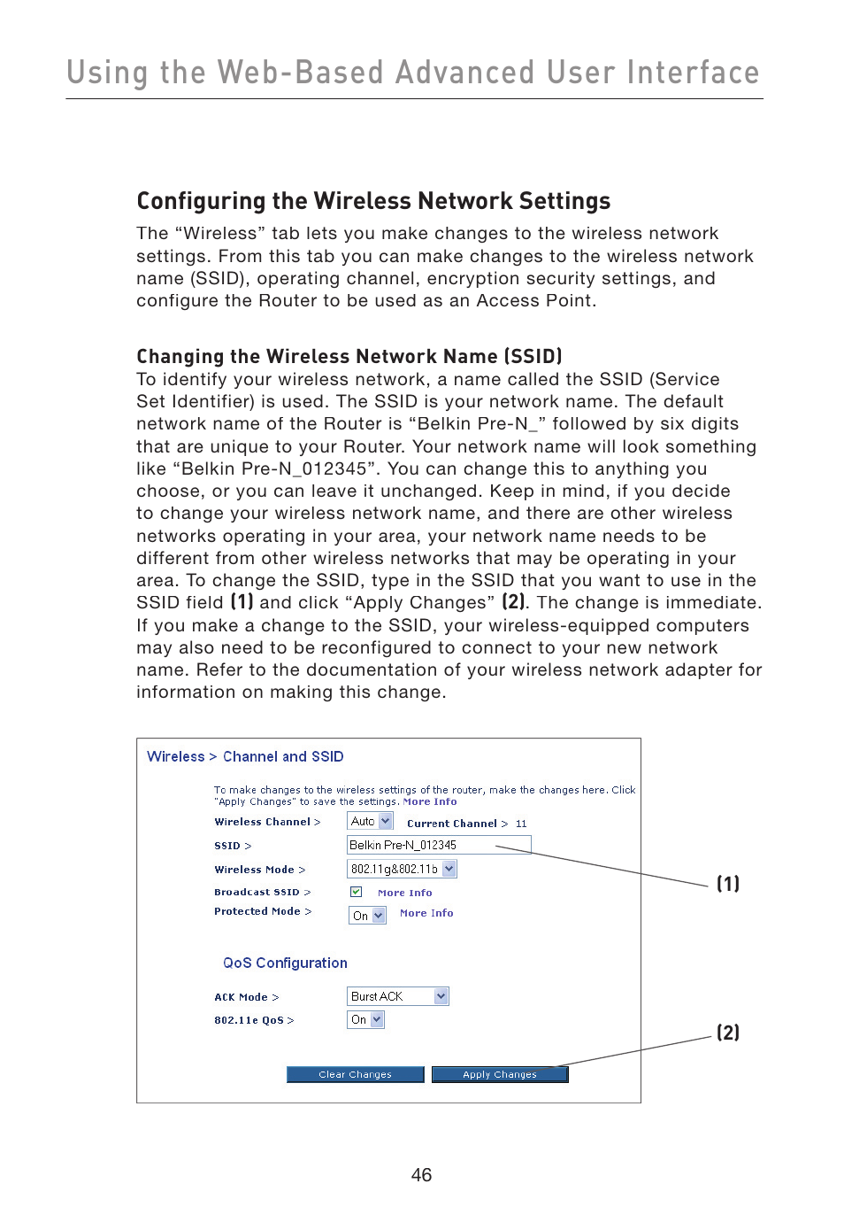 Using the web-based advanced user interface, Configuring the wireless network settings | Belkin Wireless Pre-N Router F5D8230-4 User Manual | Page 48 / 119