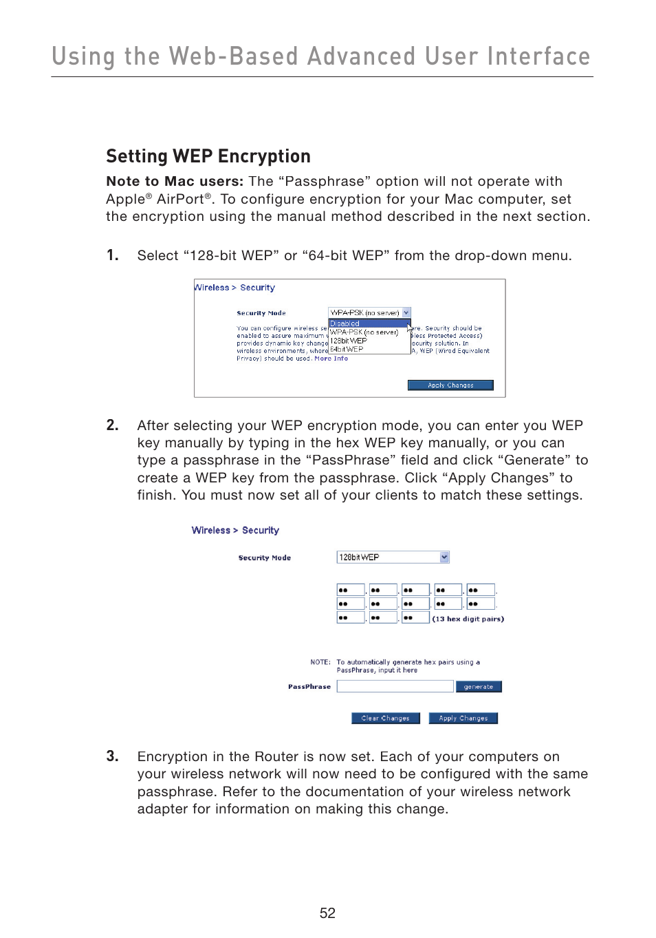 Using the web-based advanced user interface, Setting wep encryption | Belkin Wireless Pre-N Router F5D8230-4 User Manual | Page 54 / 119