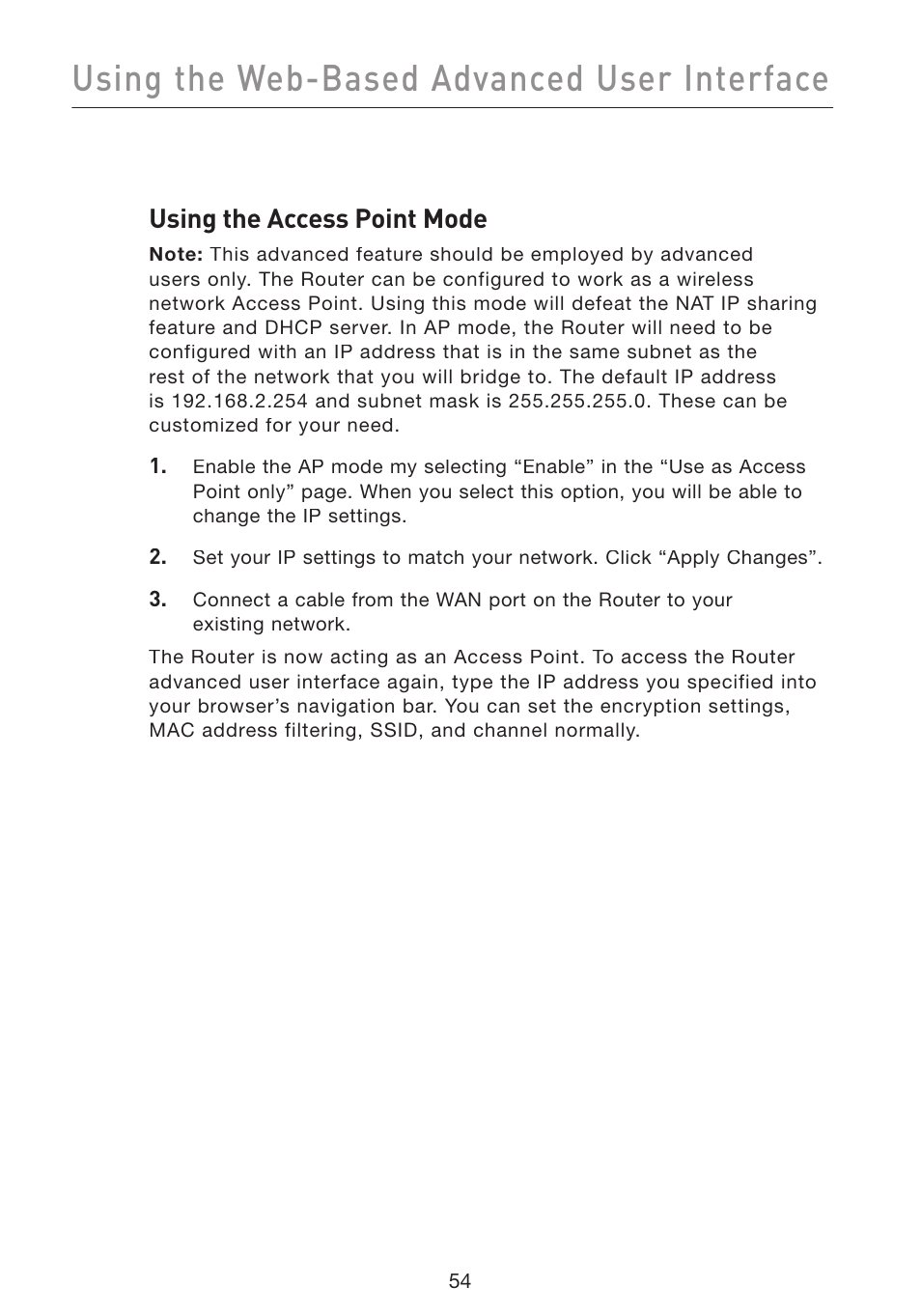 Using the web-based advanced user interface, Using the access point mode | Belkin Wireless Pre-N Router F5D8230-4 User Manual | Page 56 / 119