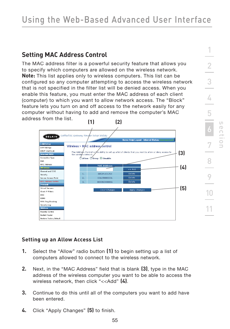 Using the web-based advanced user interface, Se ct io n | Belkin Wireless Pre-N Router F5D8230-4 User Manual | Page 57 / 119