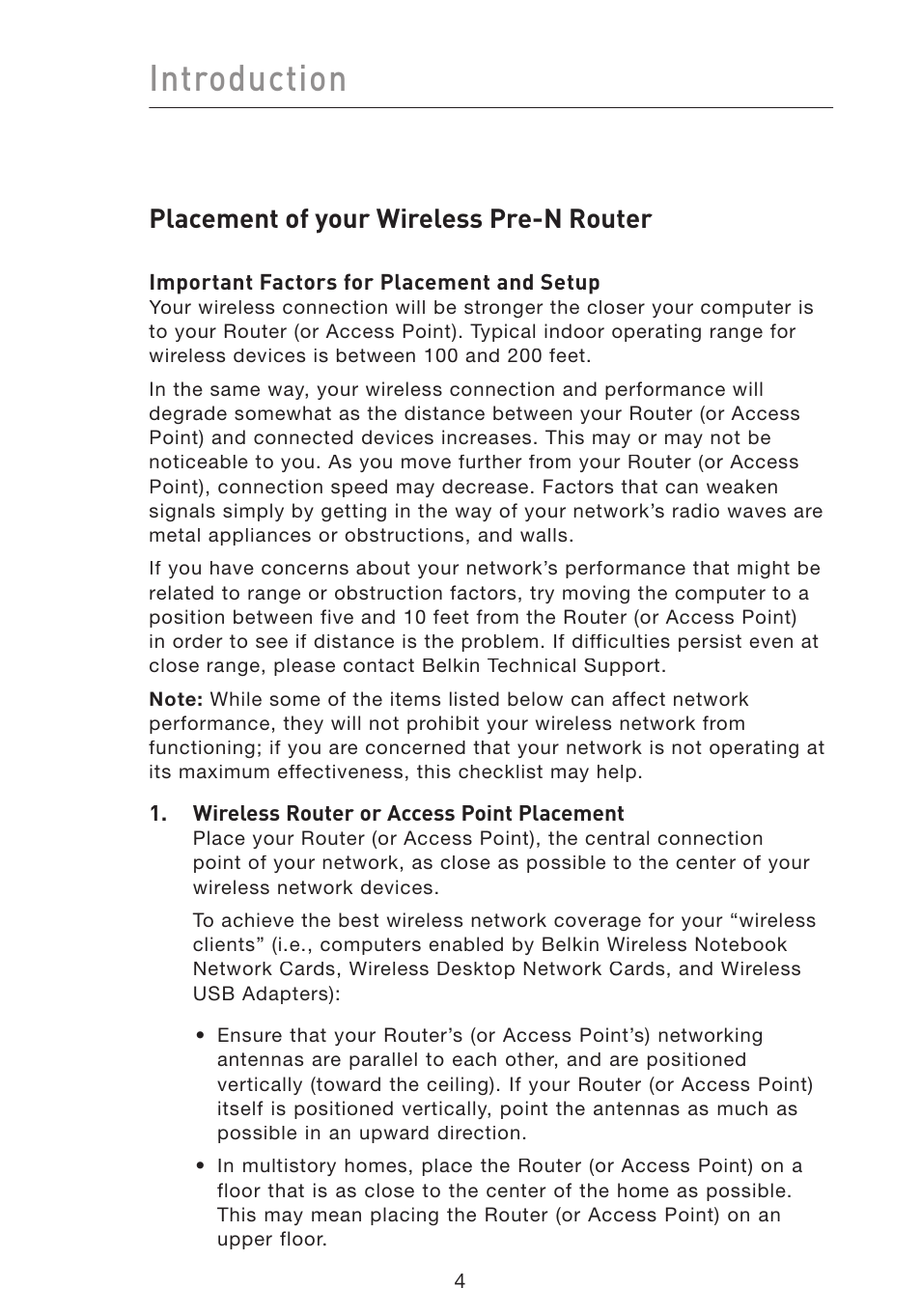 Introduction, Placement of your wireless pre-n router | Belkin Wireless Pre-N Router F5D8230-4 User Manual | Page 6 / 119