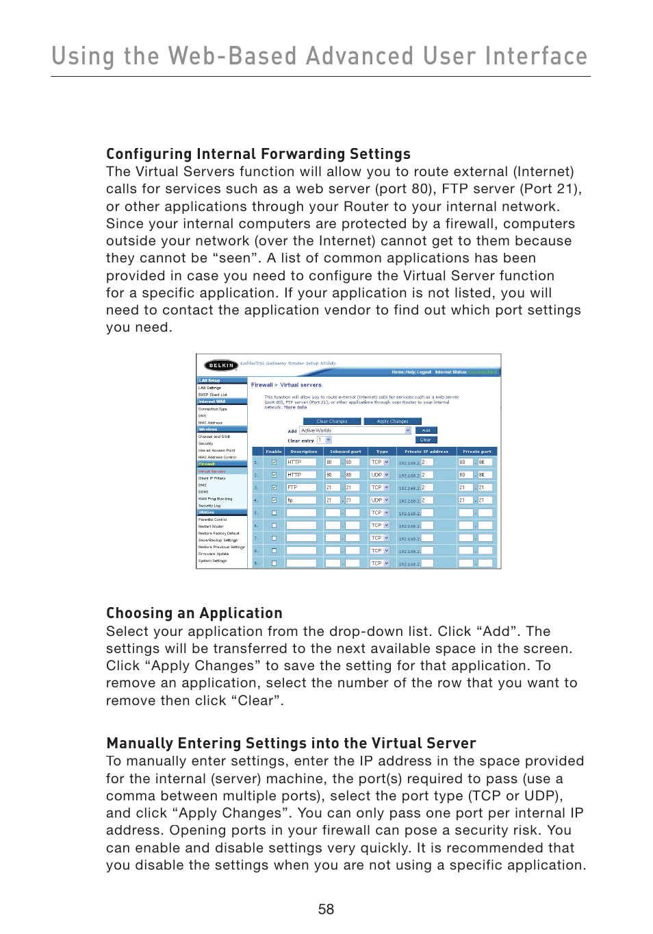 Using the web-based advanced user interface | Belkin Wireless Pre-N Router F5D8230-4 User Manual | Page 60 / 119