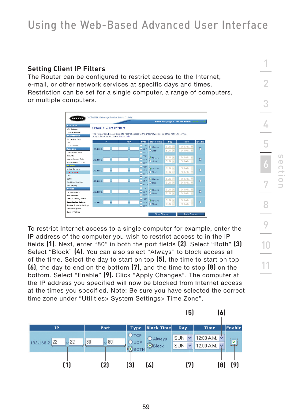 Using the web-based advanced user interface, Se ct io n | Belkin Wireless Pre-N Router F5D8230-4 User Manual | Page 61 / 119