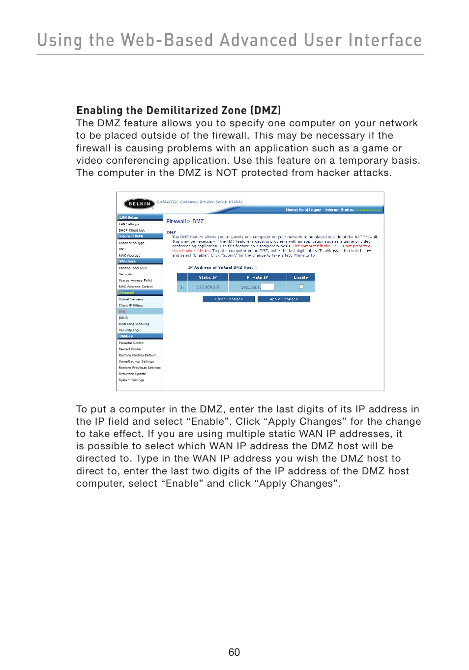 Using the web-based advanced user interface | Belkin Wireless Pre-N Router F5D8230-4 User Manual | Page 62 / 119