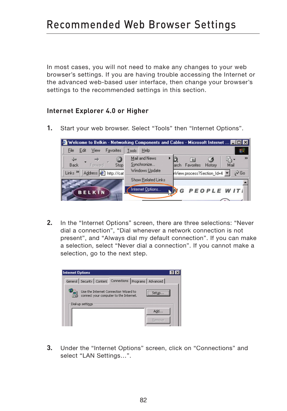 Recommended web browser settings | Belkin Wireless Pre-N Router F5D8230-4 User Manual | Page 84 / 119