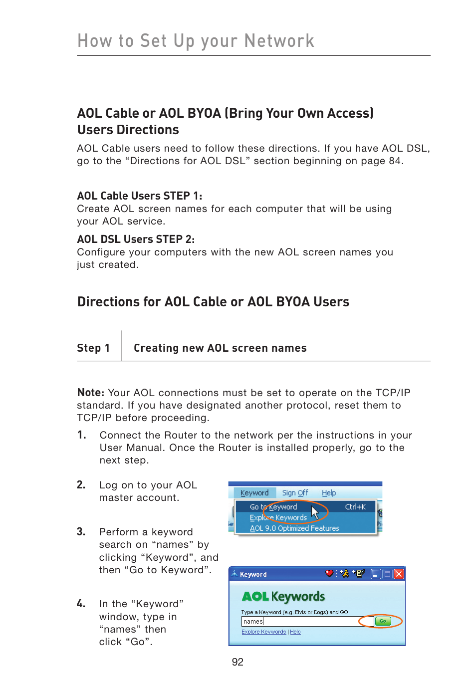 How to set up your network, Directions for aol cable or aol byoa users | Belkin Wireless Pre-N Router F5D8230-4 User Manual | Page 94 / 119