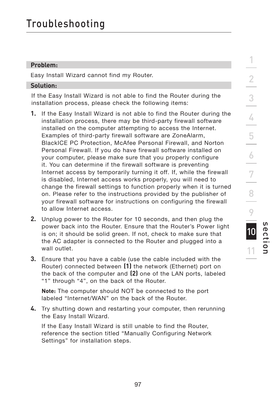 Troubleshooting, Se ct io n | Belkin Wireless Pre-N Router F5D8230-4 User Manual | Page 99 / 119