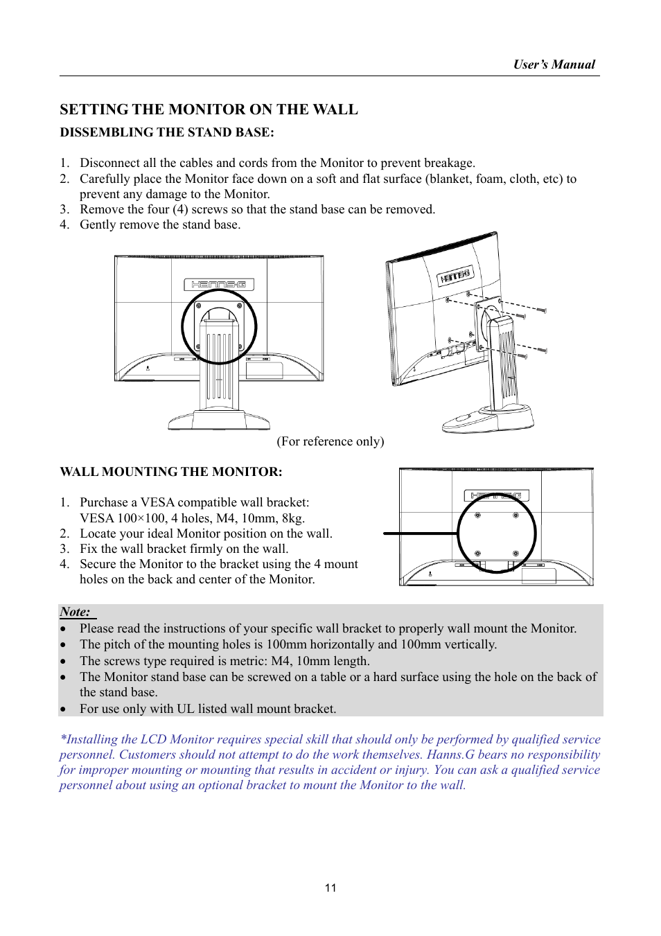 Setting the monitor on the wall | Hanns.G HP225 User Manual | Page 11 / 25