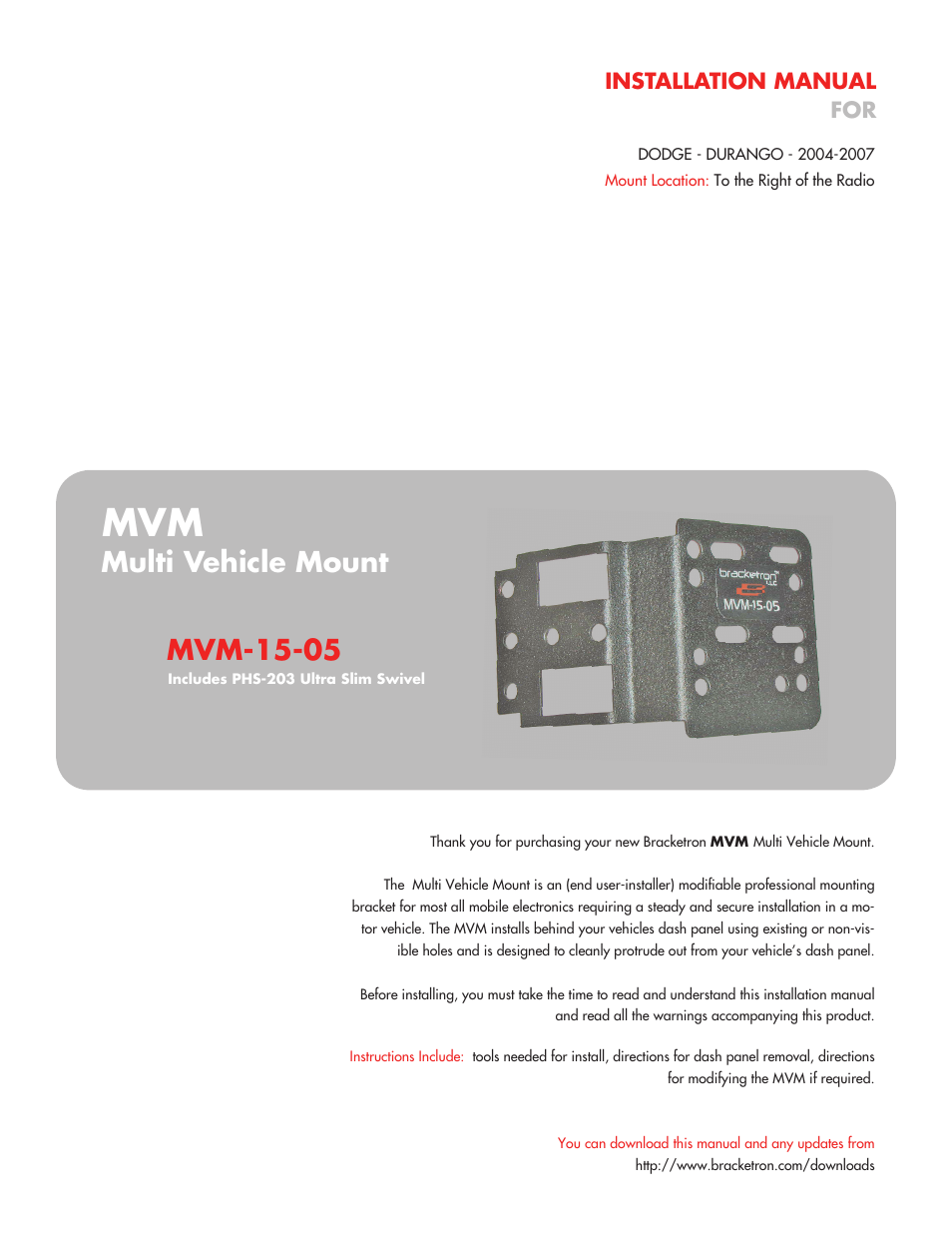 Bracketron Multi Vehicle Mount MVM-15-05 User Manual | 4 pages