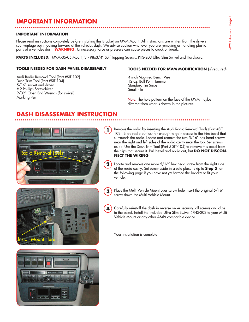 Important information, Dash disassembly instruction, Install mount here 1 2 3 4 | Radio removal tools | Bracketron Multi Vehicle Mount MVM-35-05 User Manual | Page 2 / 4