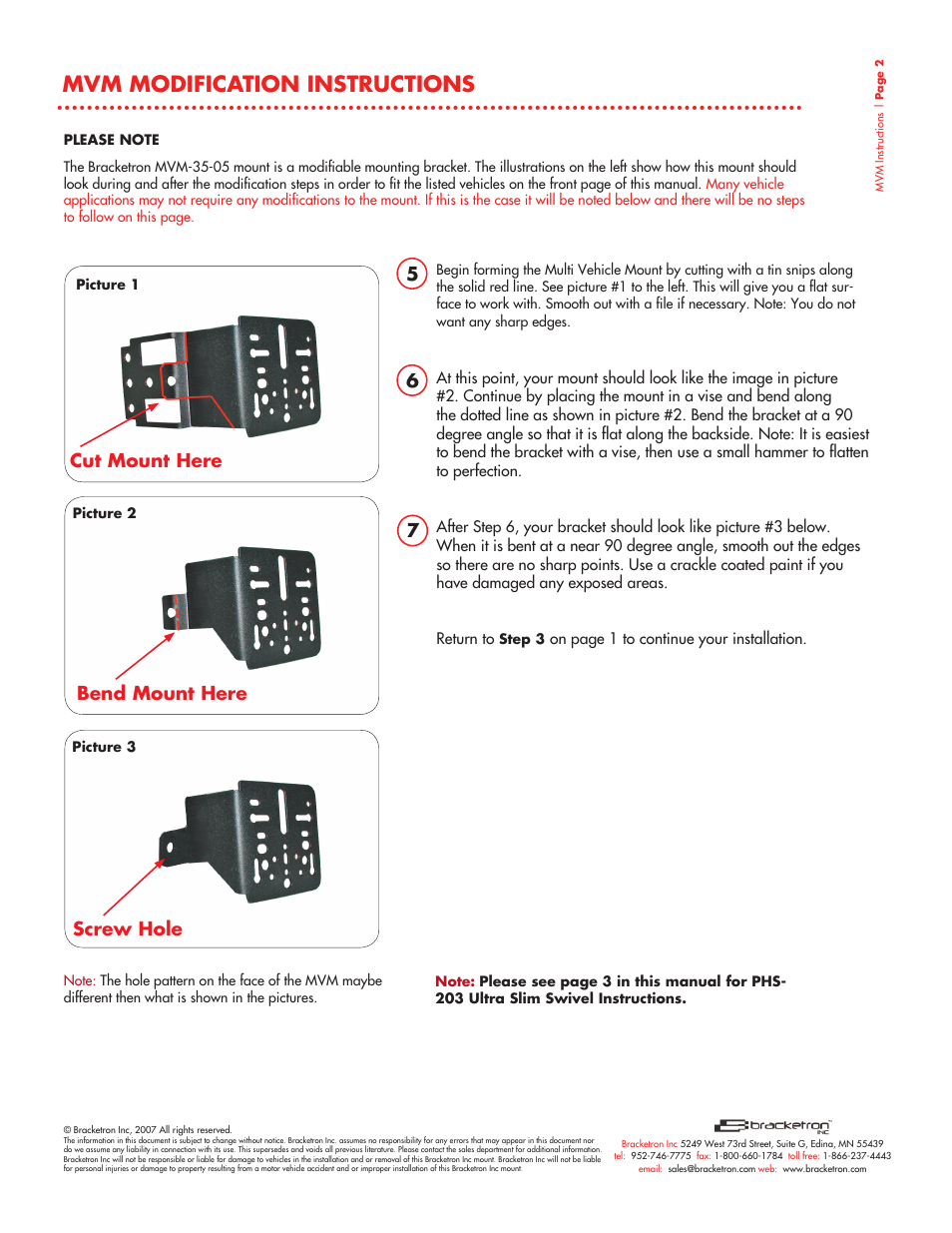 Mvm modification instructions, Bend mount here, Cut mount here screw hole | Bracketron Multi Vehicle Mount MVM-35-05 User Manual | Page 3 / 4