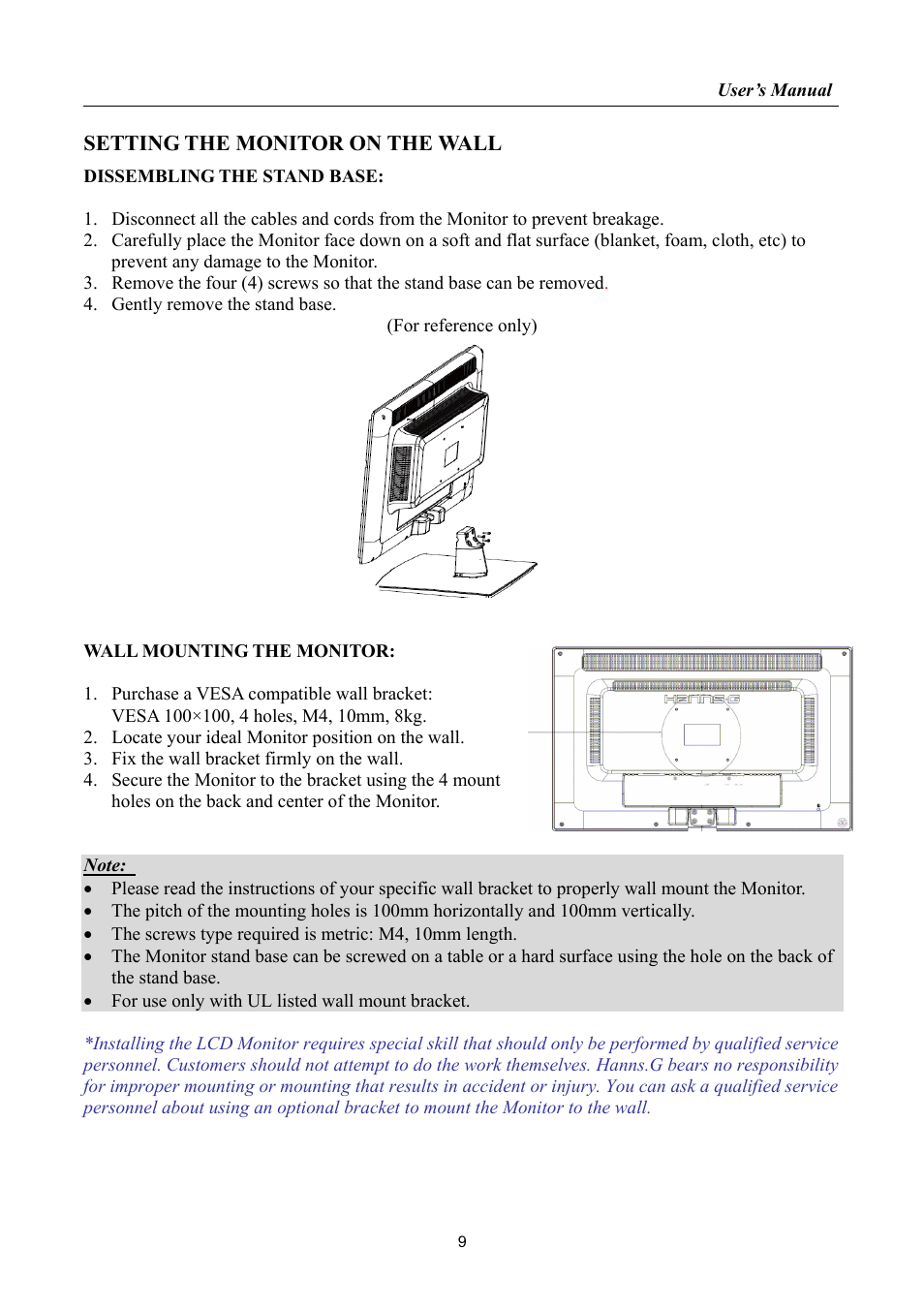 Setting the monitor on the wall | Hanns.G HK241 User Manual | Page 9 / 23