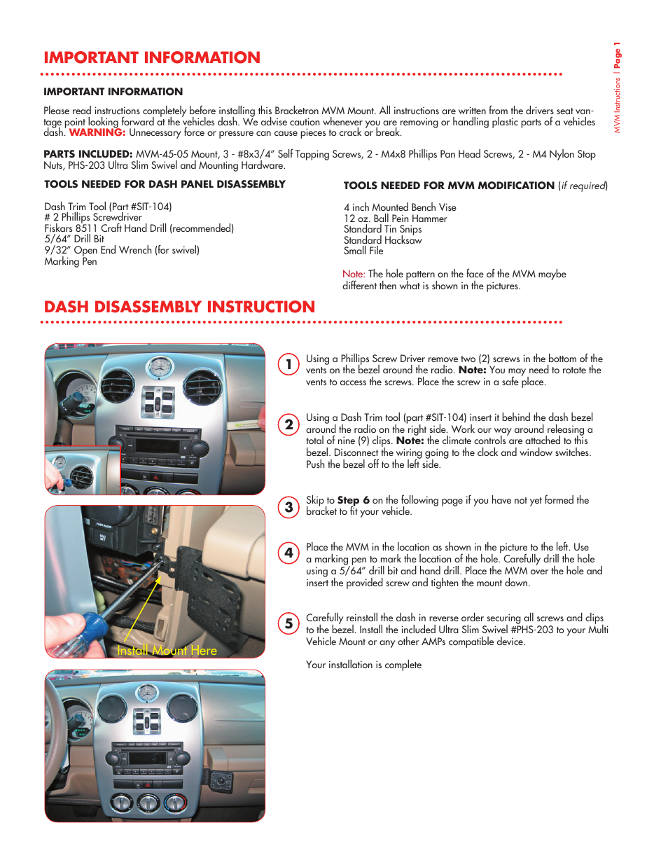 Important information, Dash disassembly instruction | Bracketron MVM Multi Vehicle Mount MVM-45-05 User Manual | Page 2 / 4