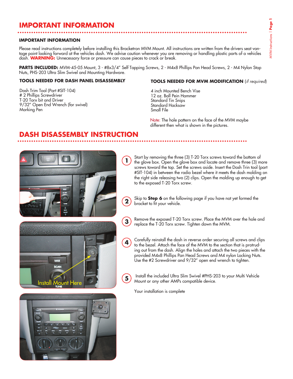 Important information, Dash disassembly instruction | Bracketron MULTI VEHICLE MOUNT MVM-45-05 User Manual | Page 2 / 4
